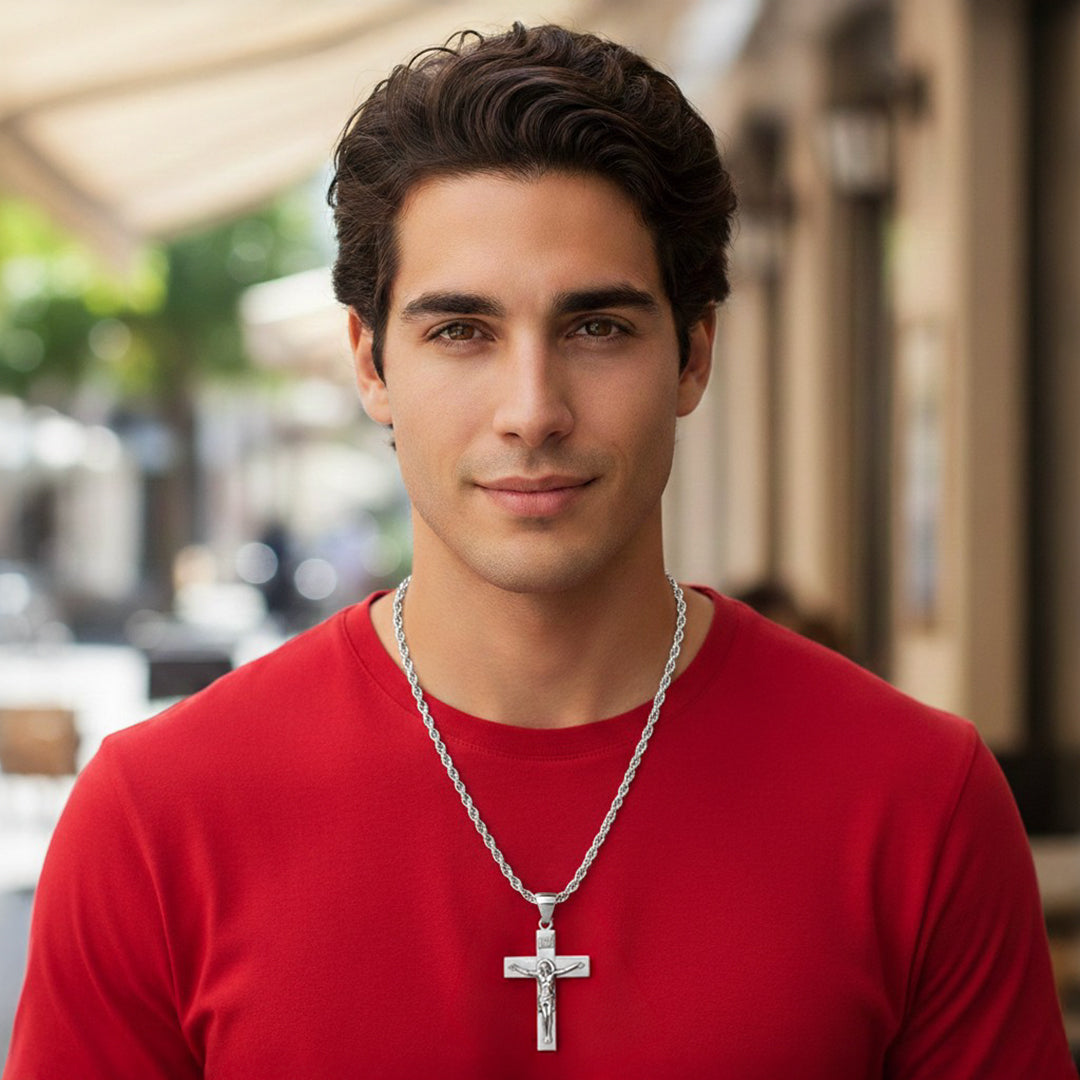 Men's Large 925 Sterling Silver Crucifix Cross Pendant Necklace, 45mm