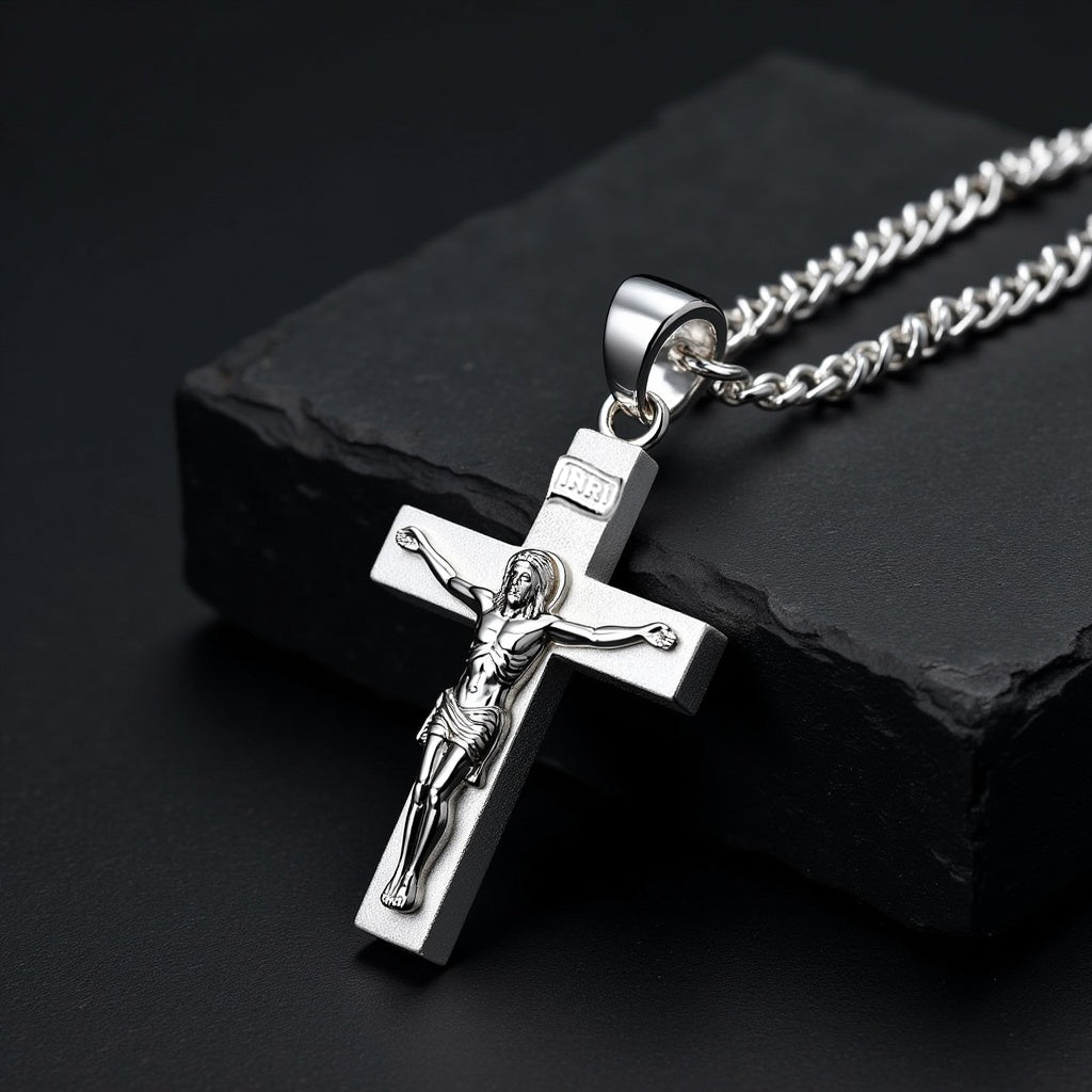 Men's Large 925 Sterling Silver Crucifix Cross Pendant Necklace, 40mm