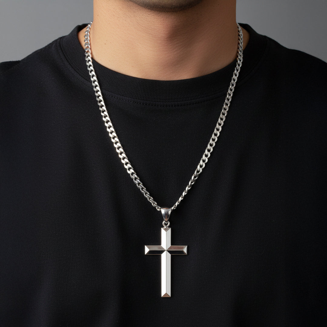 Men's Large 925 Sterling Silver Christian Cross Pendant Necklace, 44mm