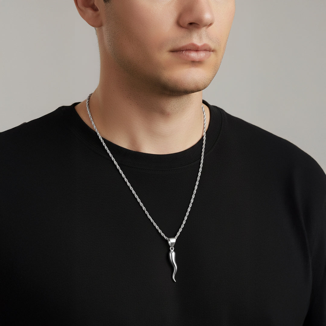 Men's 925 Sterling Silver Italian Horn Cornicello Amulet Pendant Necklace, 28mm