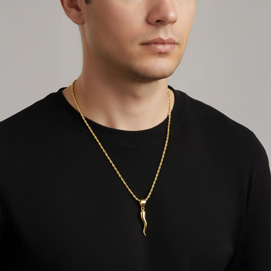 Men's Small Solid 10k or 14k Yellow or White Italian Horn Cornicello Amulet Pendant, 28mm