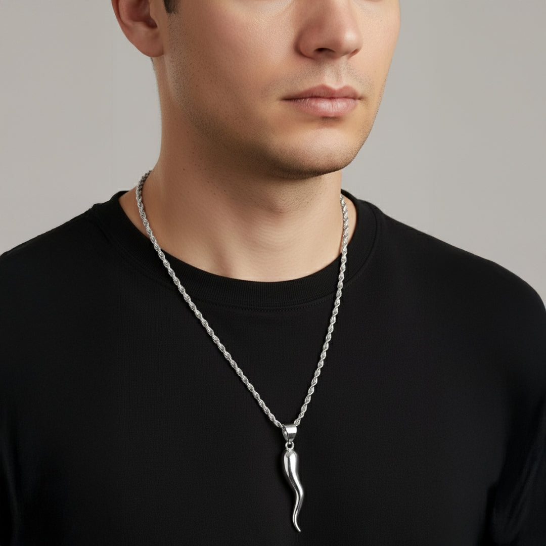 Men's 925 Sterling Silver Italian Horn Cornicello Amulet Pendant Necklace, 39mm