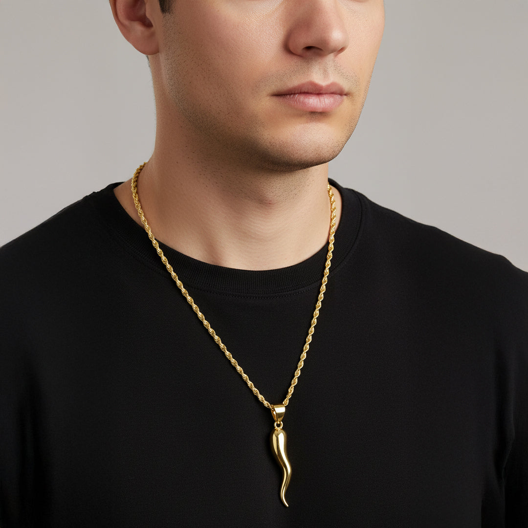 Men's Rounded Solid 10k or 14k Yellow or White Gold Italian Horn Cornicello Amulet Pendant, 39mm
