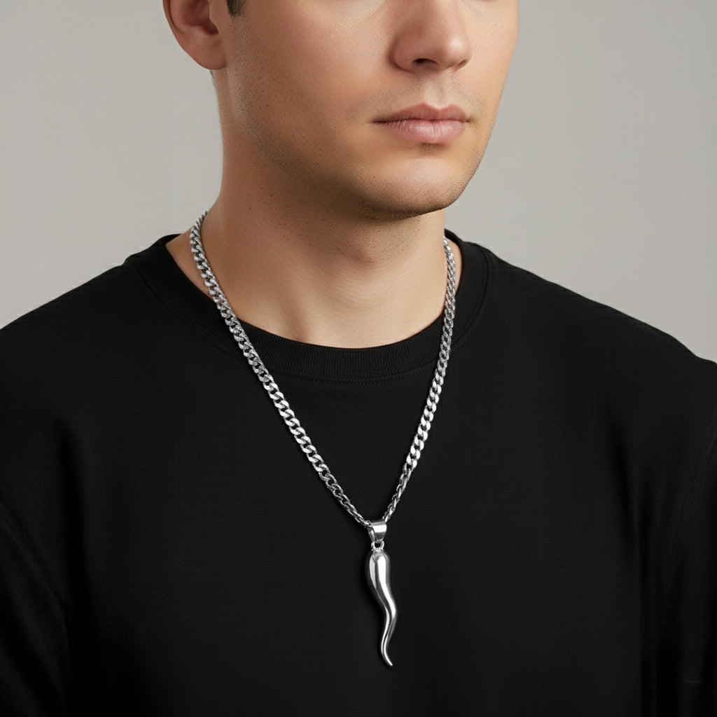 Men's Extra Large Solid Sterling Silver Italian Horn Cornicello Pendant Necklace, 50mm