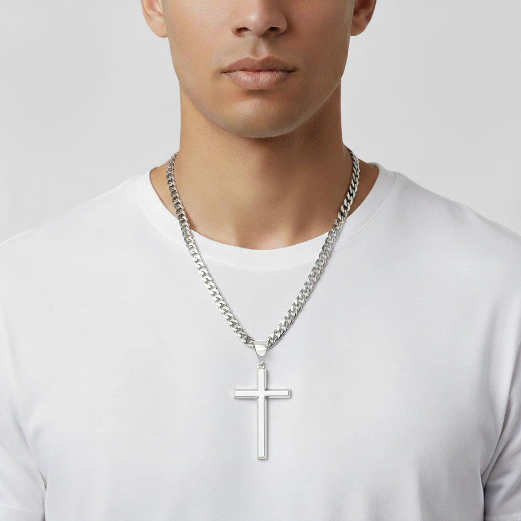 Men's XL Heavy 2in 925 Sterling Silver Christian Angled Cross Pendant Necklace, 50mm