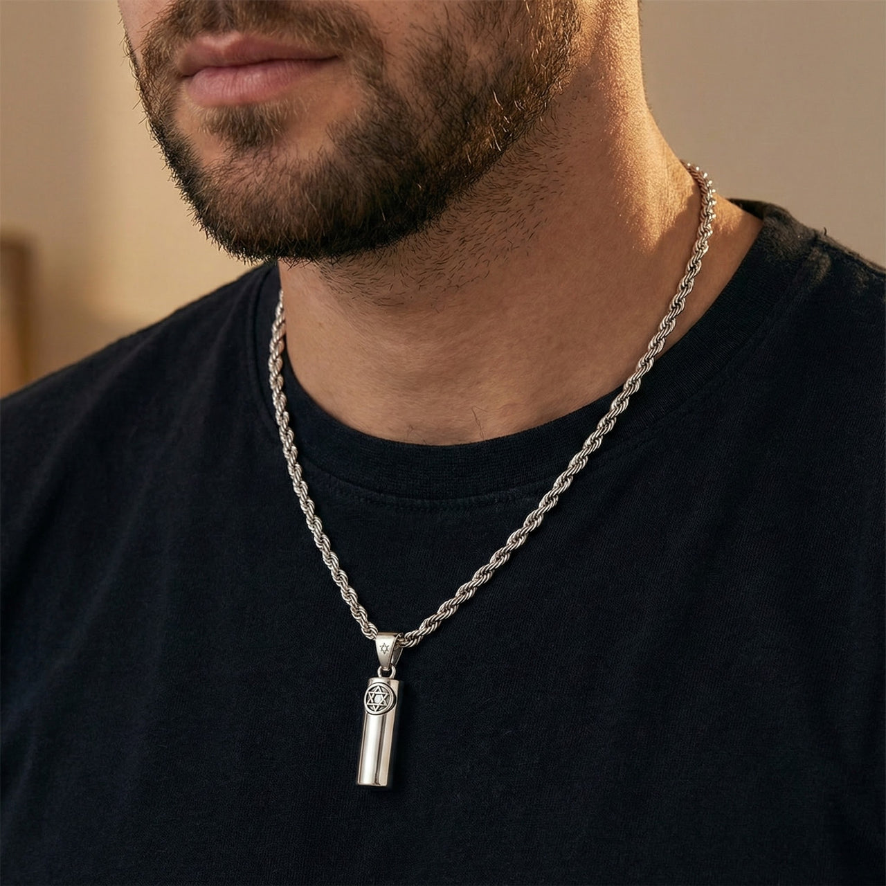 Men's 925 Sterling Silver Jewish Star of David Mezuzah Pendant Necklace, 30mm