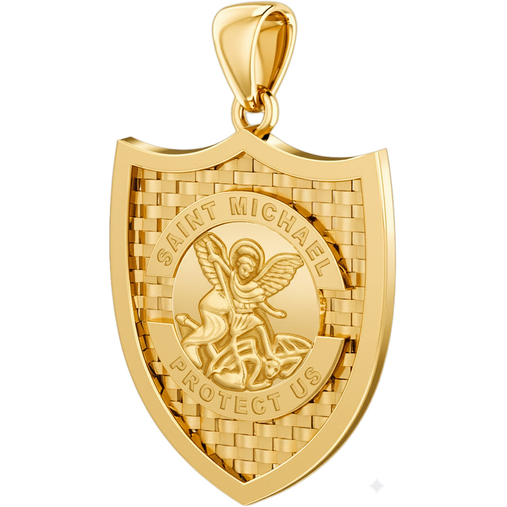 Men's 10k or 14K Yellow Gold Saint Michael Pendant Necklace, 36mm