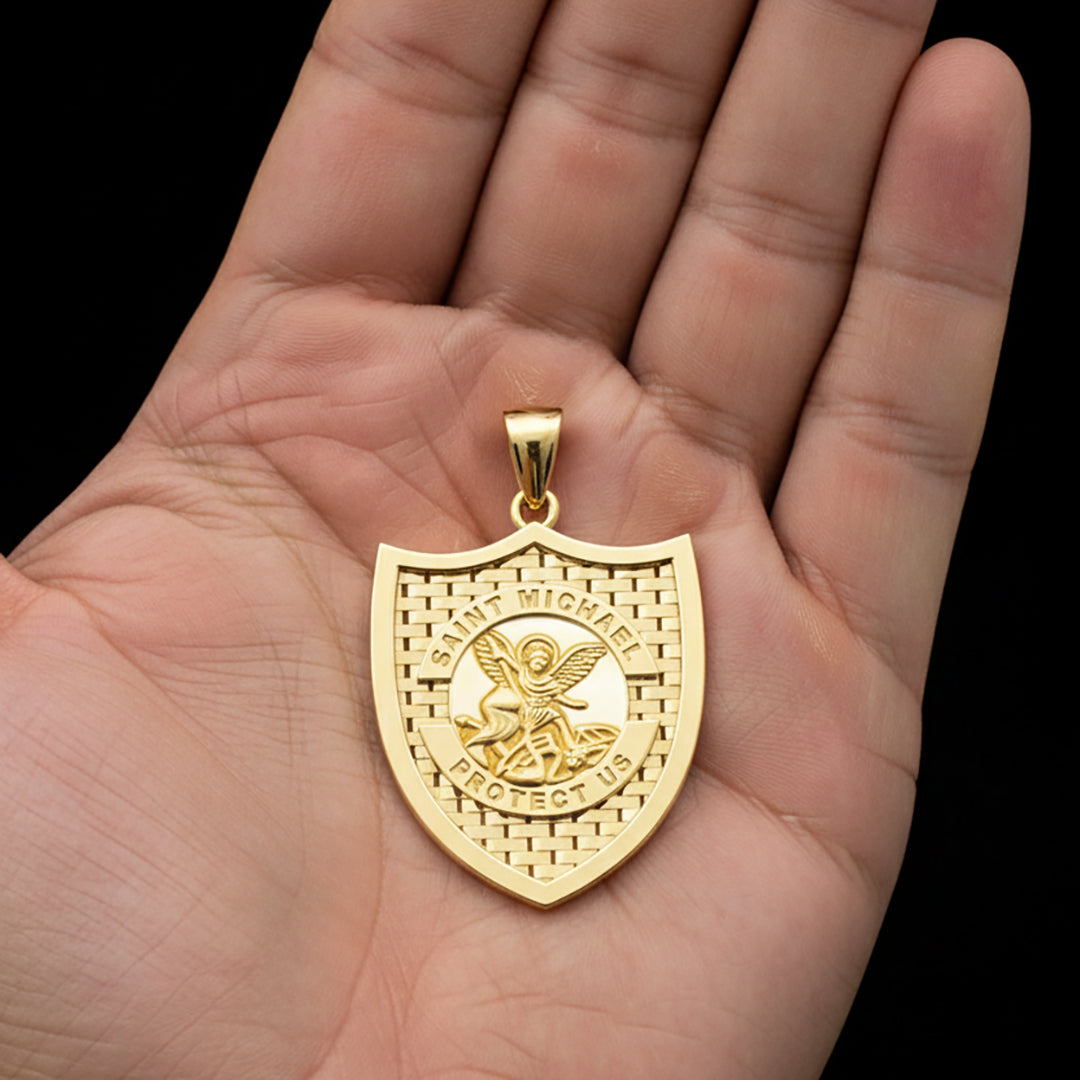 Men's 10k or 14K Yellow Gold Saint Michael Pendant Necklace, 36mm