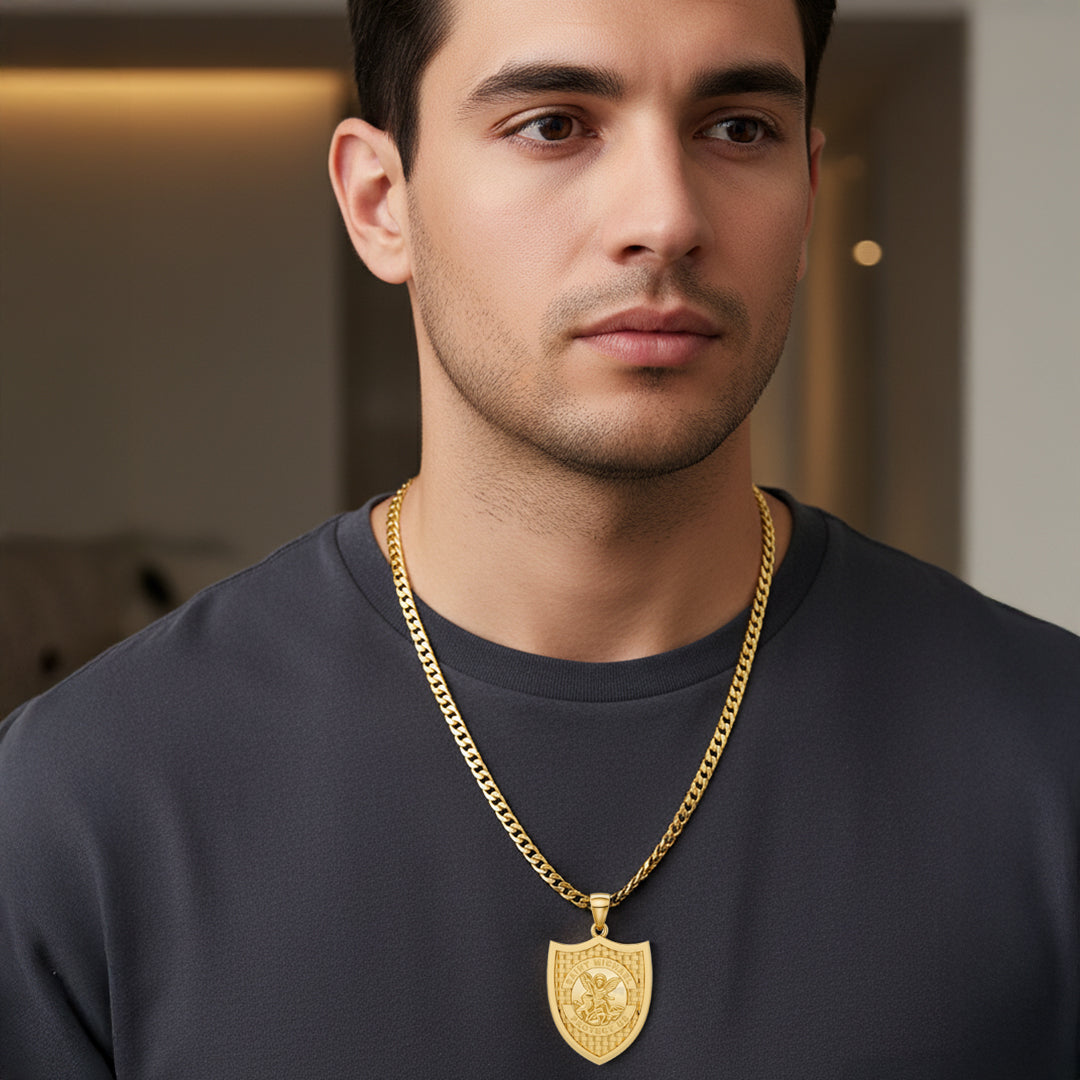 Men's 10k or 14K Yellow Gold Saint Michael Pendant Necklace, 36mm