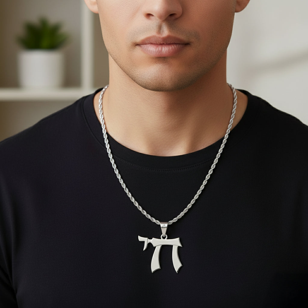 Men's Large 925 Sterling Silver Jewish Chai Sign of Life Pendant Necklace, 33mm