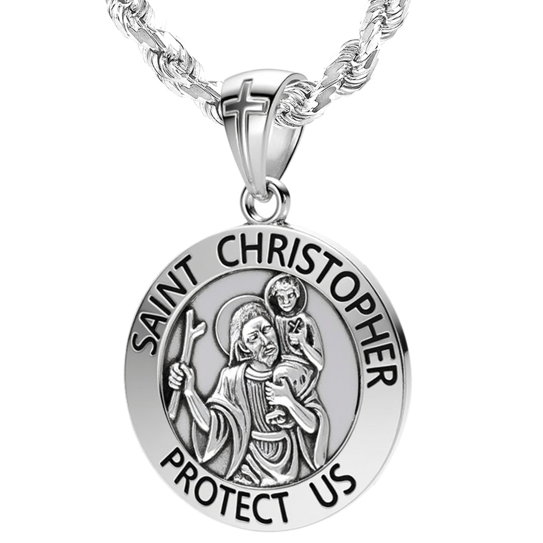 Men's XL 925 Sterling Silver 1.25in St Saint Christopher Medal Antique Pendant Necklace, 33mm