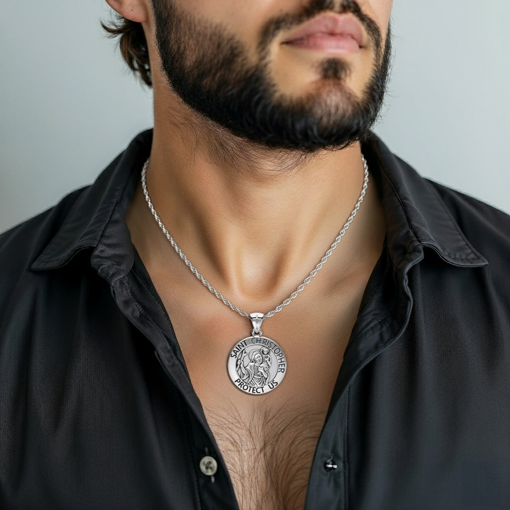 Men's XL 925 Sterling Silver 1.25in St Saint Christopher Medal Antique Pendant Necklace, 33mm