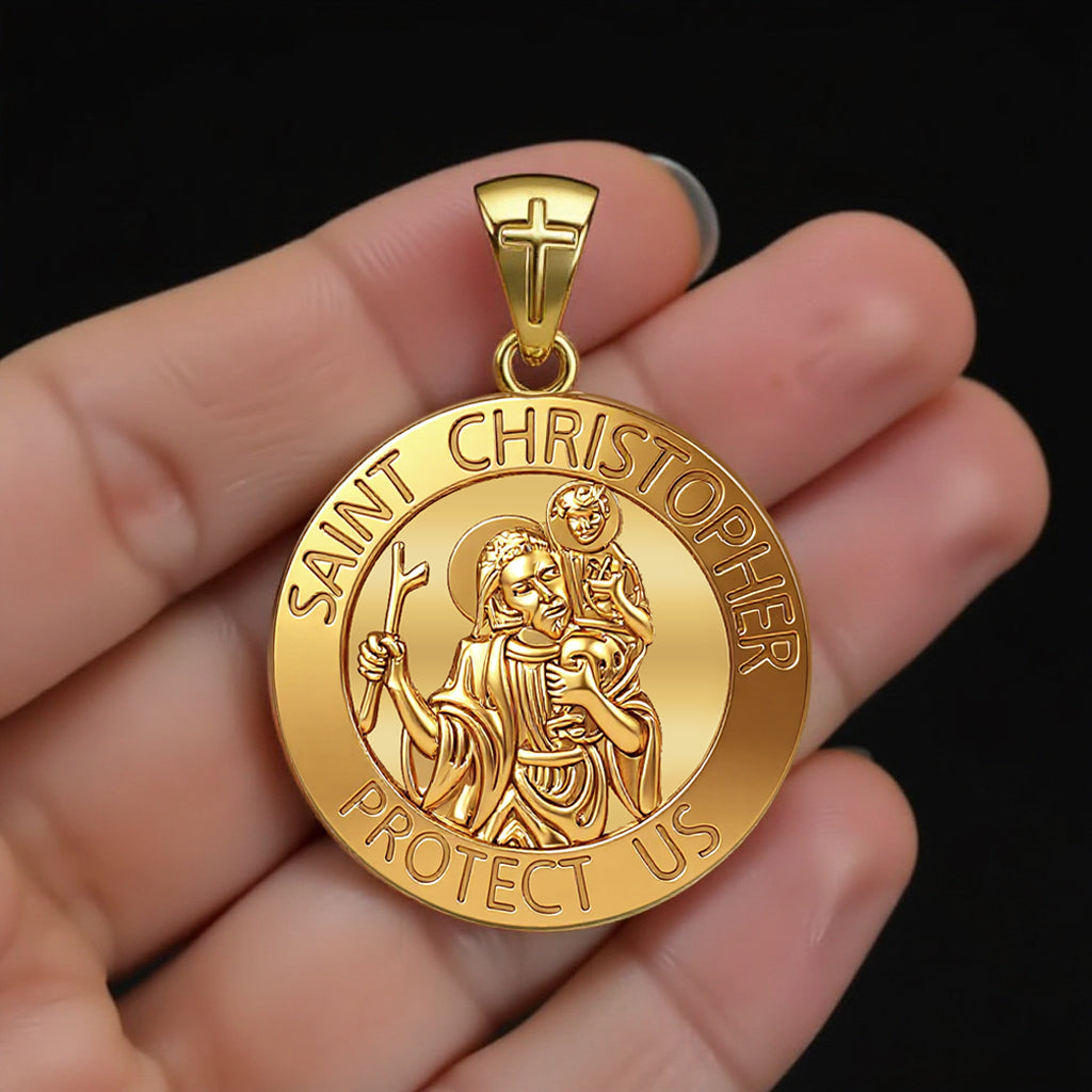 XL Heavy Solid 14K Yellow Gold St Saint Christopher Medal Round Pendant, 33mm
