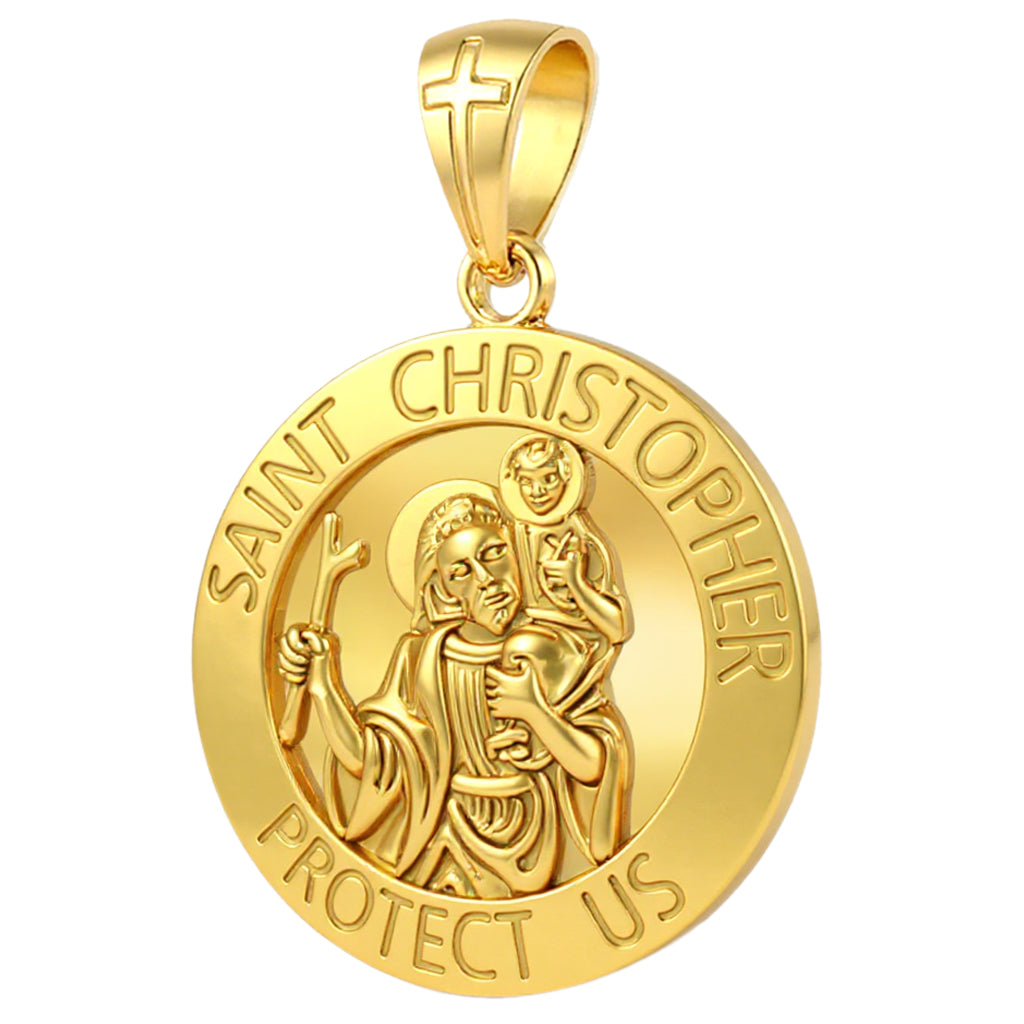 Large 14k Yellow Gold Saint Christopher Round Medal Pendant, 33mm
