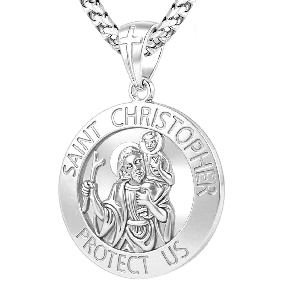 Men's XL 925 Sterling Silver 1.25in St Saint Christopher Medal Polished Pendant Necklace, 33mm