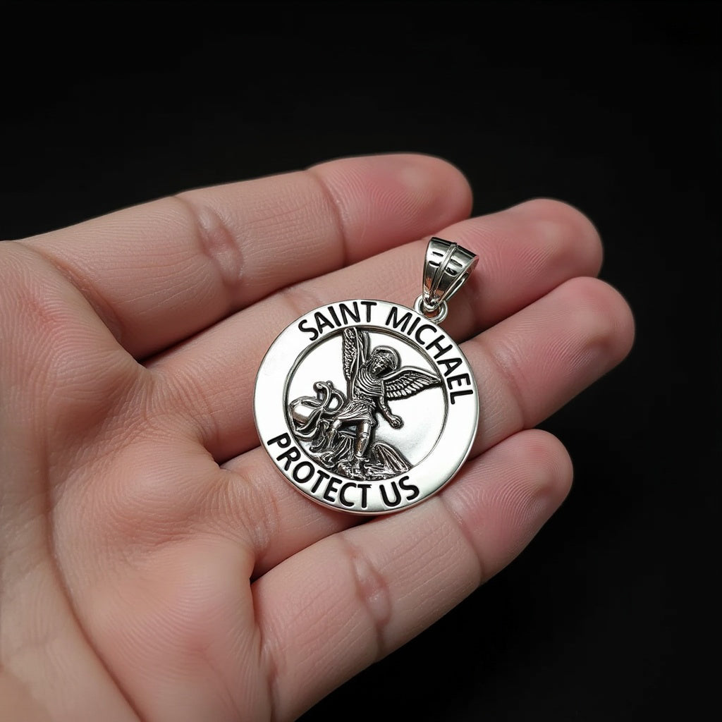 Men's XL 925 Sterling Silver 1.25in St Saint Michael Medal Antique Polished Pendant Necklace, 33mm