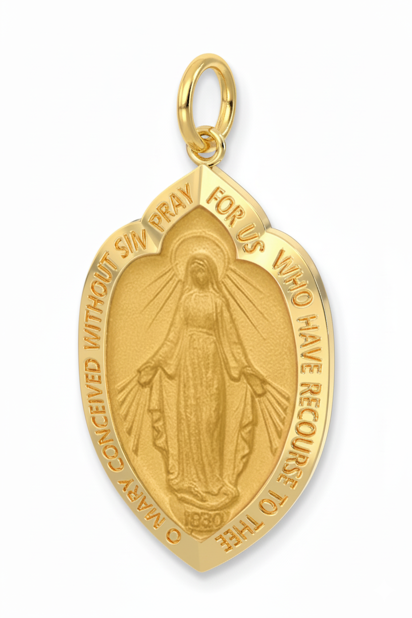 Ladies 14K Yellow Gold Miraculous Virgin Mary Solid Badge Polished Pendant, 32mm