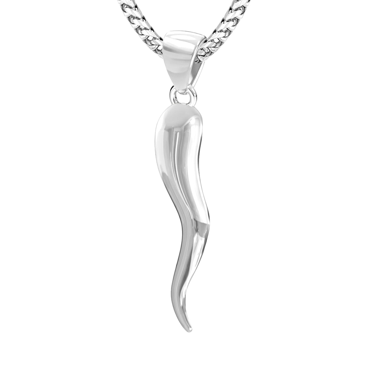 Men's 925 Sterling Silver Italian Horn Cornicello Amulet Pendant Necklace, 39mm
