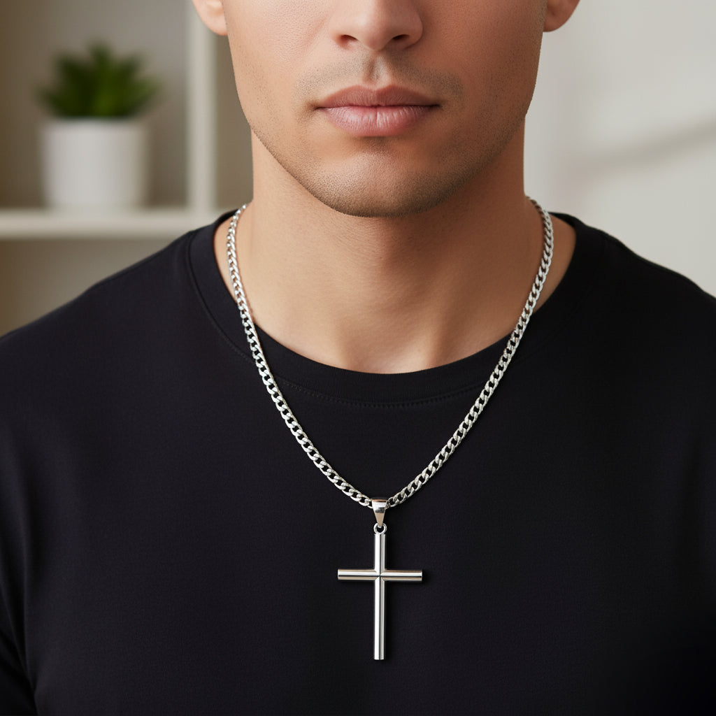 Men's XL Heavy Solid 2in 925 Sterling Silver Christian Cross Pendant Necklace, 50mm