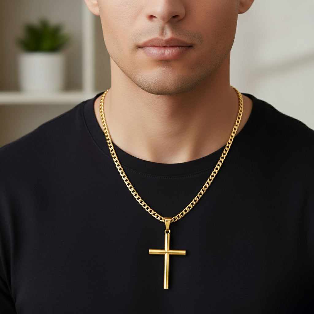 Men's XL Heavy Solid 2in 10k or 14K Yellow or White Gold Christian Cylindrical Cross Pendant Necklace, 50mm