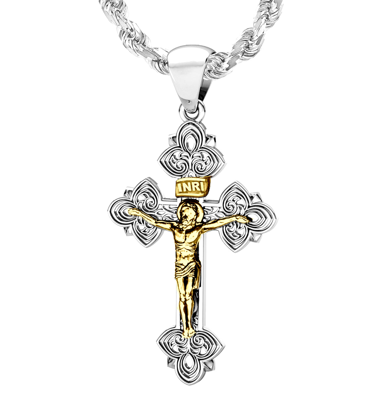 Men's XXL Heavy Solid 3.5in 925 Sterling Silver & 14K Gold Cross Crucifix Pendant, 89mm