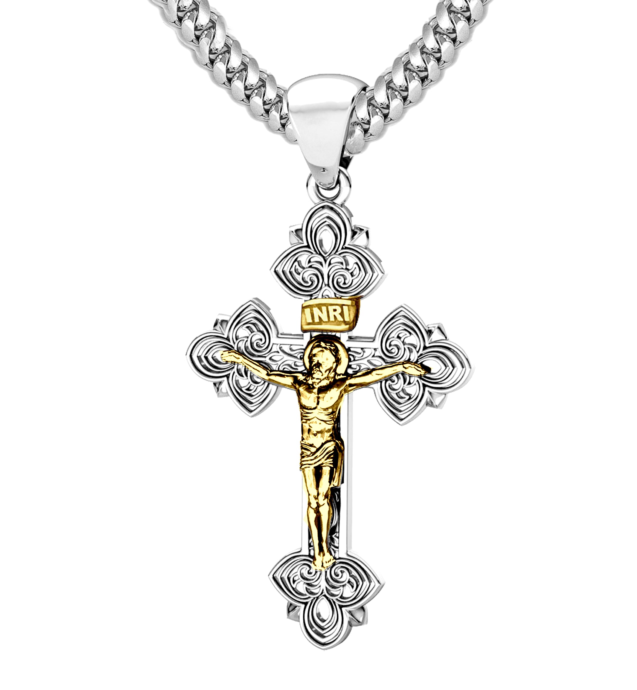 XXL Extra Large Two Tone Crucifix Cross Pendant Necklace