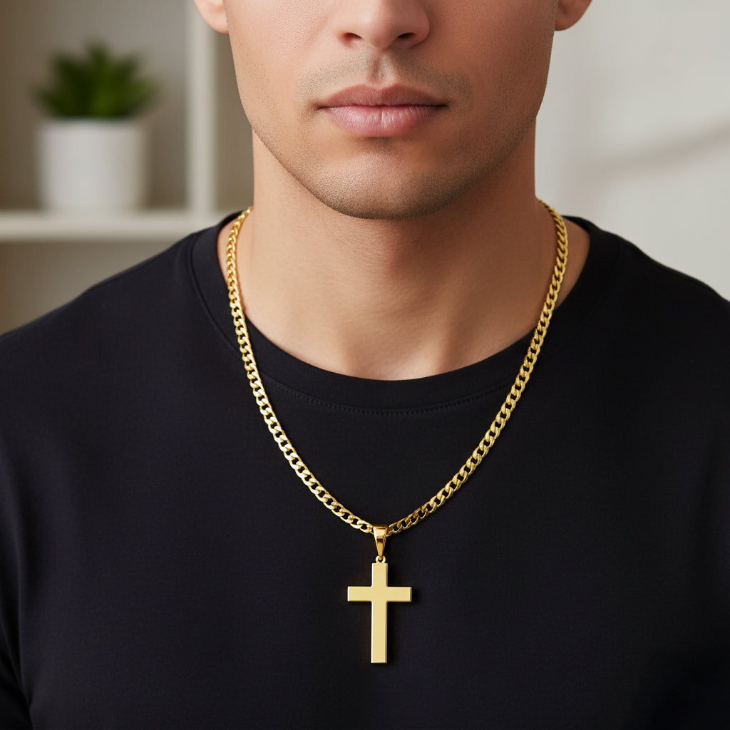 Heavy Solid 4mm x 4mm Box  14k Yellow Gold Christian Cross Pendant Necklace, 26mm