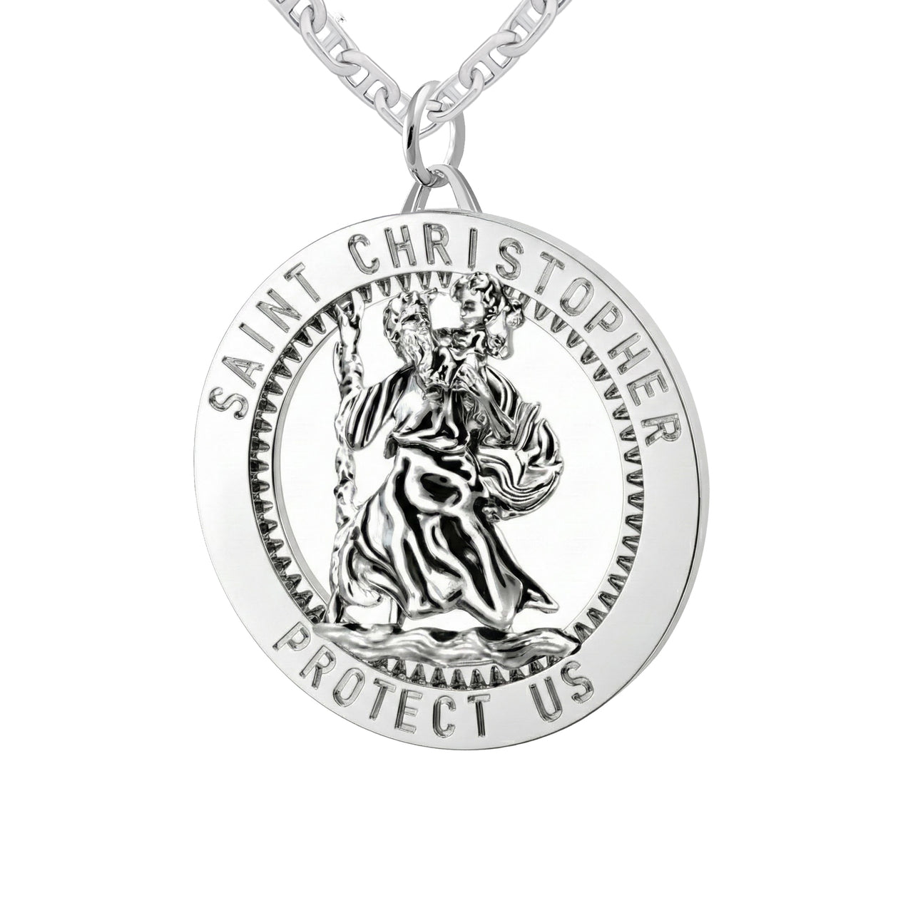 Men's 925 Sterling Silver Saint Christopher Round Polished Pendant Necklace, 25mm