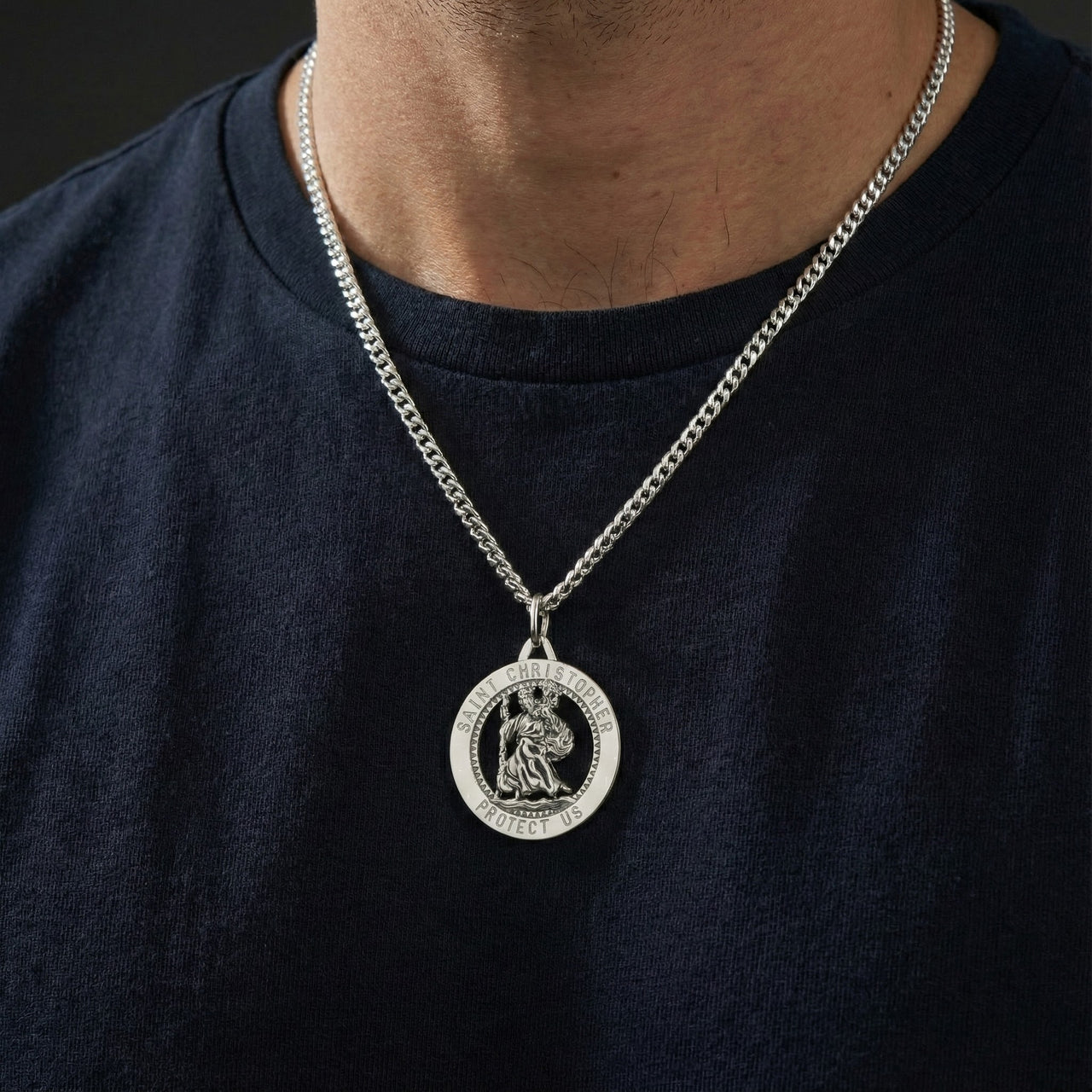 Men's 925 Sterling Silver Saint Christopher Round Polished Pendant Necklace, 25mm