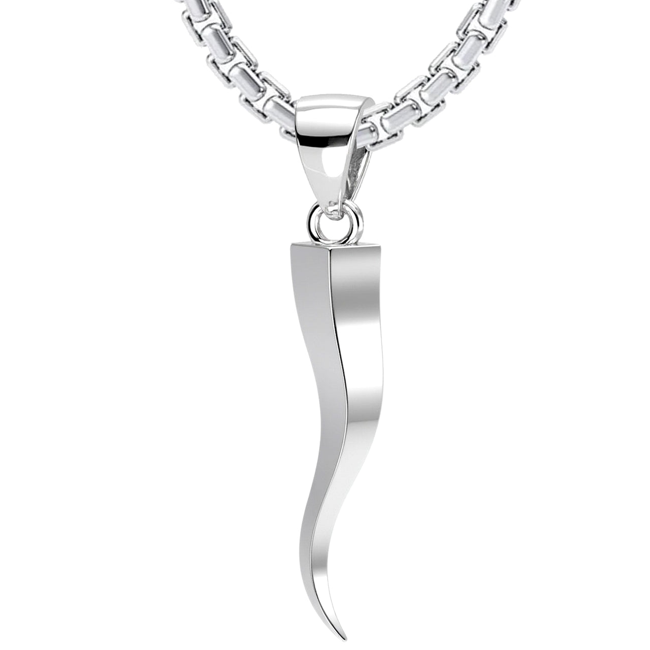 Men's Large Squared 925 Sterling Silver Italian Horn Good Luck Cornicello Pendant Necklace, 39m