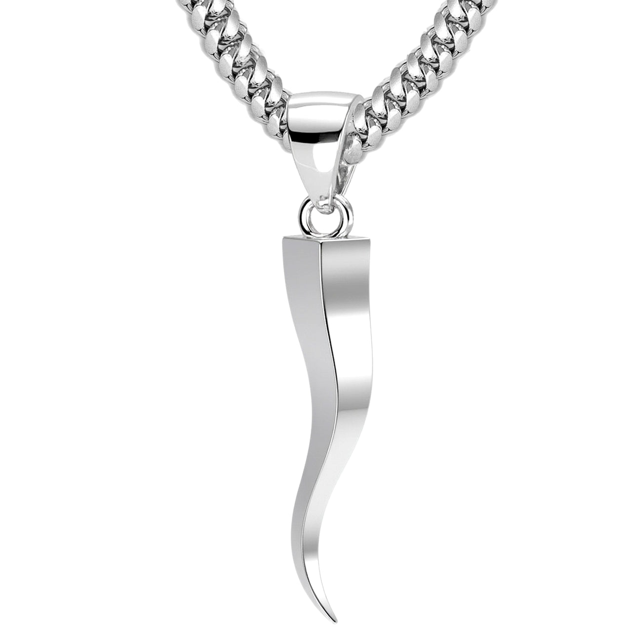 Men's Large Squared 925 Sterling Silver Italian Horn Good Luck Cornicello Pendant Necklace, 39m