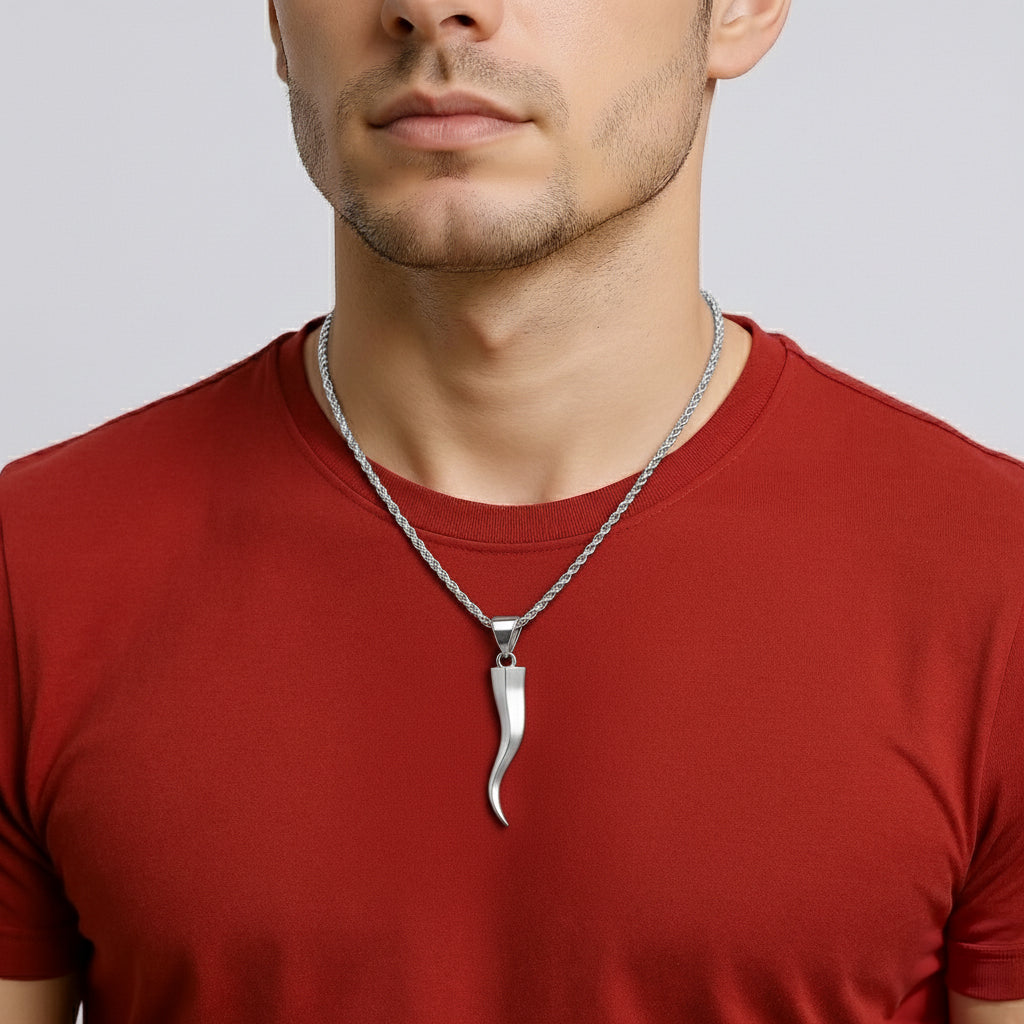 Men's Large Squared 925 Sterling Silver Italian Horn Good Luck Cornicello Pendant Necklace, 39m