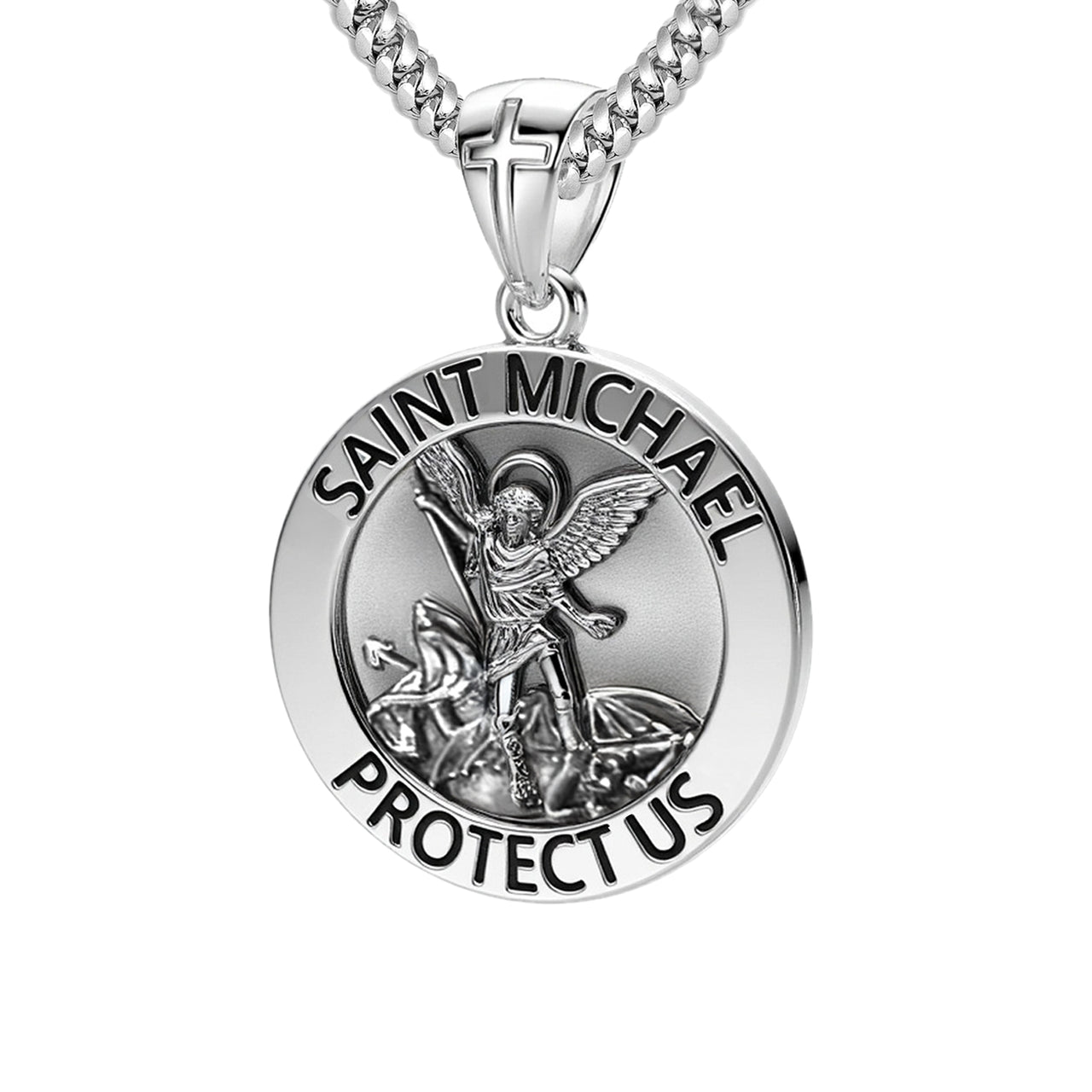 Men's 925 Sterling Silver Round Saint Michael Antique Finish Medal Pendant, 25mm