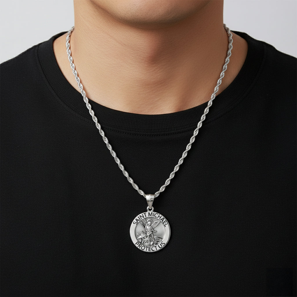 Men's 925 Sterling Silver Round Saint Michael Antique Finish Medal Pendant, 25mm