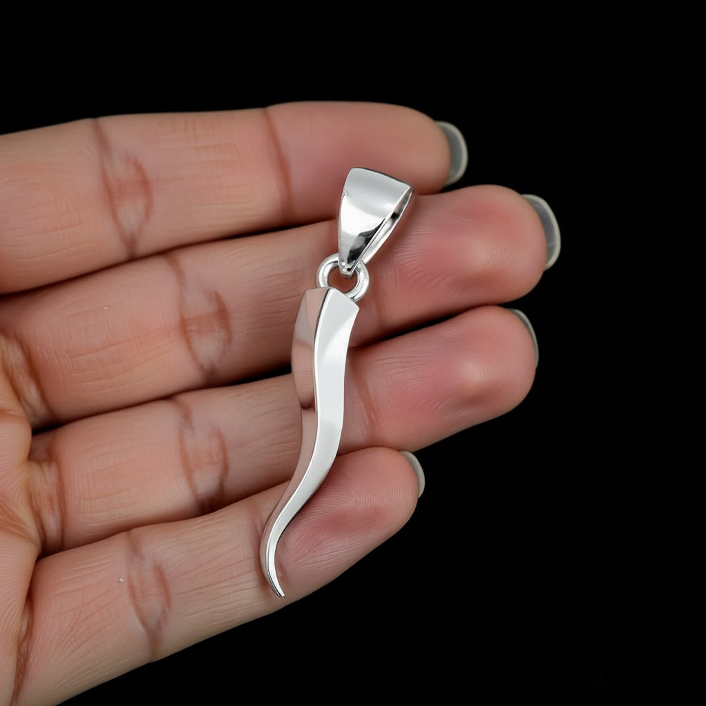 Men's Large Triangular 925 Sterling Silver Italian Horn Good Luck Cornicello Pendant Necklace, 39m
