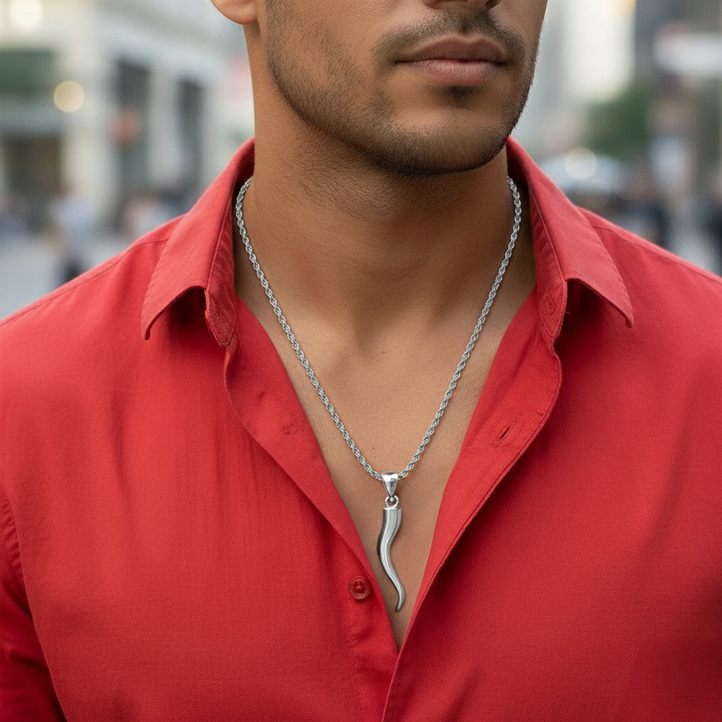 Men's Large Octagon 925 Sterling Silver Italian Horn Good Luck Cornicello Pendant Necklace, 39m