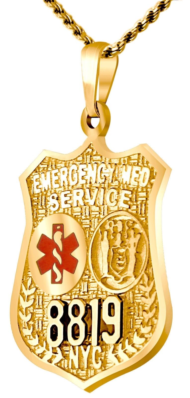 10k or 14k Yellow Gold EMT Resuce Badge Pendant Charm Necklace - US Jewels