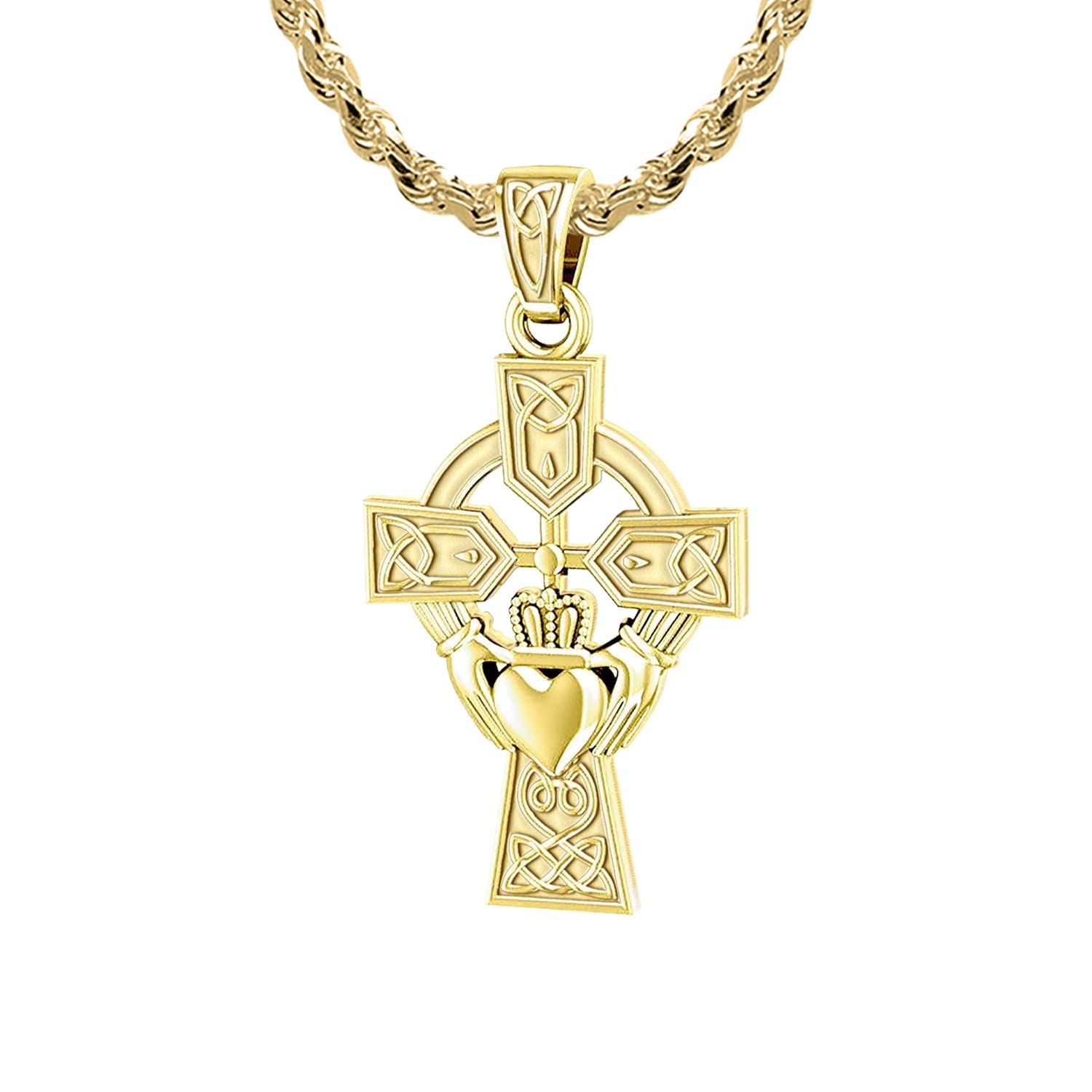 10k or 14K Yellow Gold Irish Claddagh Cross Pendant Necklace - US Jewels