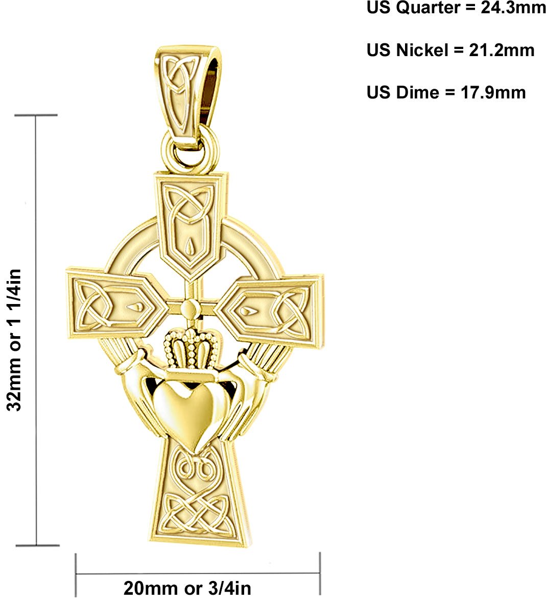 10k or 14K Yellow Gold Irish Claddagh Cross Pendant Necklace - US Jewels