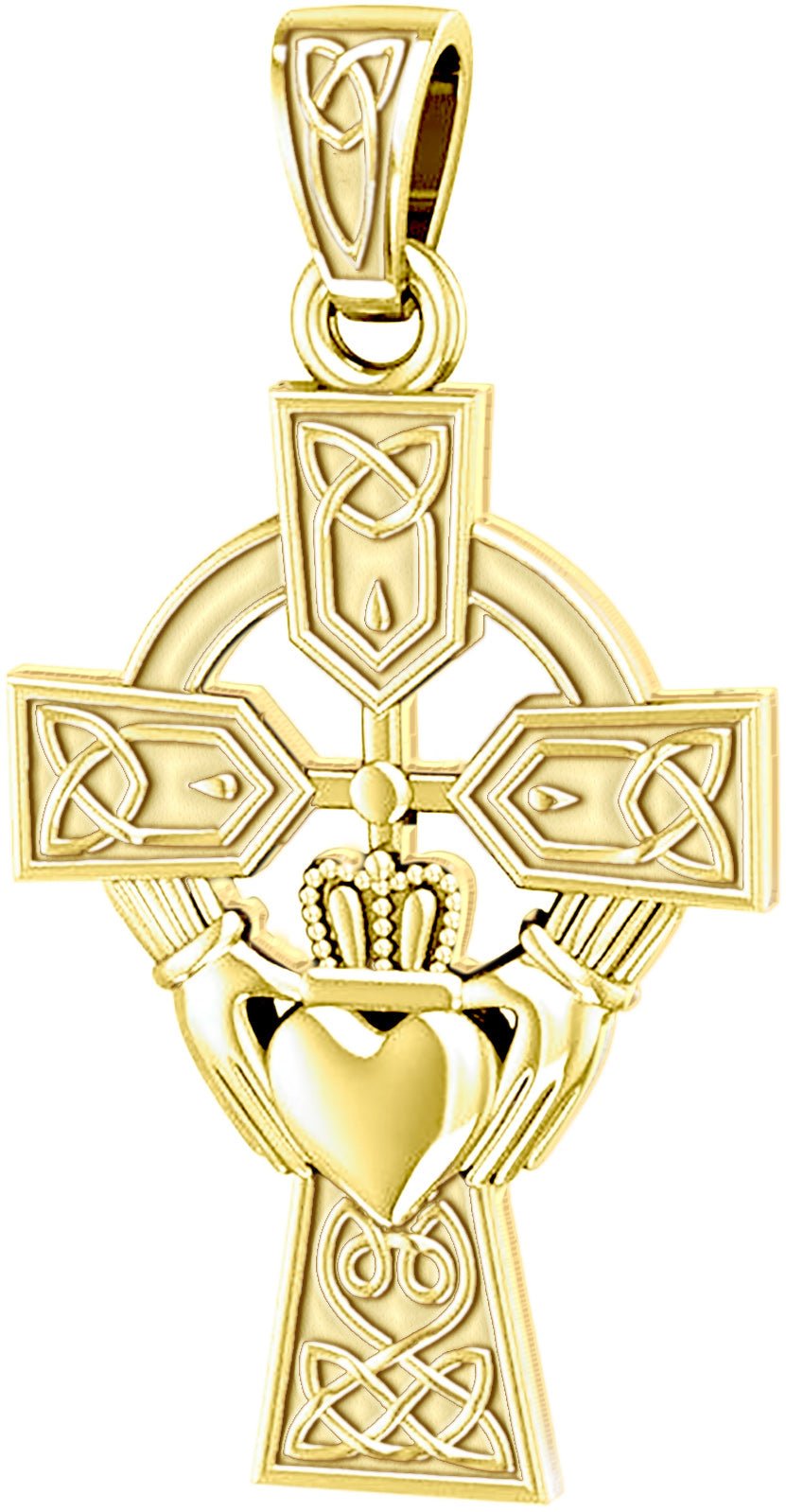 10k or 14K Yellow Gold Irish Claddagh Cross Pendant Necklace