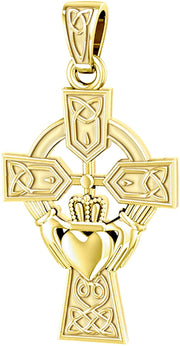 10k or 14K Yellow Gold Irish Claddagh Cross Pendant Necklace - US Jewels