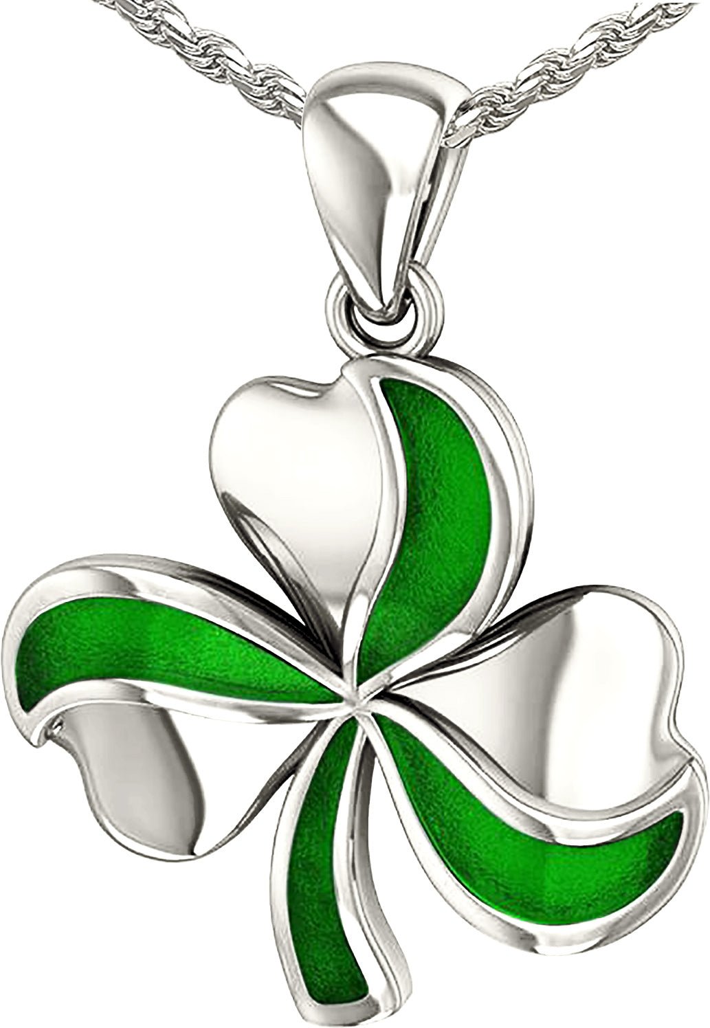 10k Yellow or White Gold Lucky Shamrock Clover Pendant with Enamel Necklace - US Jewels