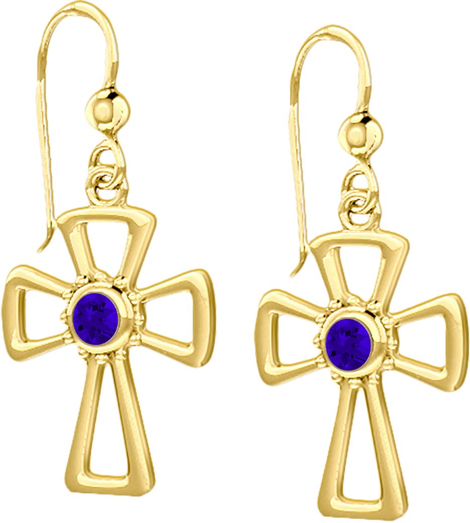 14K Yellow Gold Genuine Birthstone Cross Earrings - US Jewels