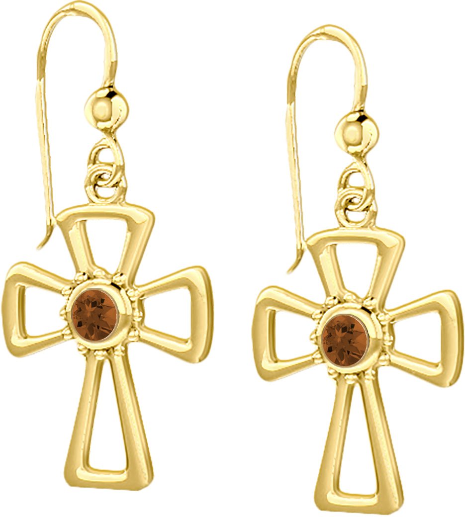 14K Yellow Gold Genuine Birthstone Cross Earrings - US Jewels