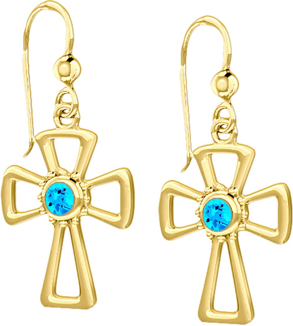 14K Yellow Gold Genuine Birthstone Cross Earrings - US Jewels