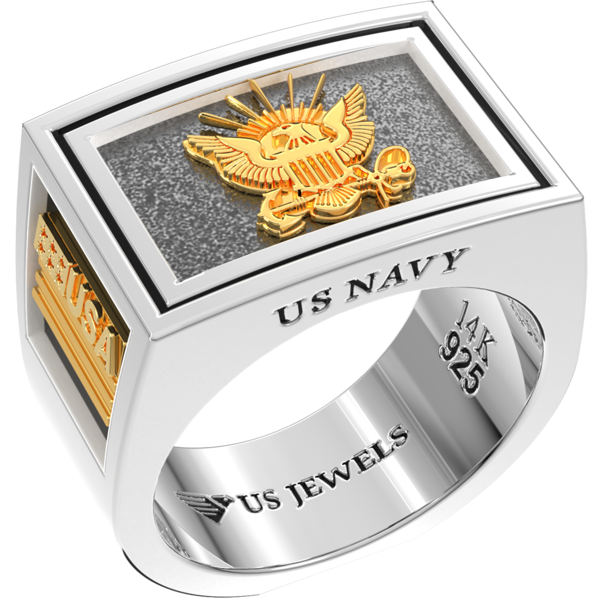 925 Sterling Silver & 14k US Navy Solid Back Ring