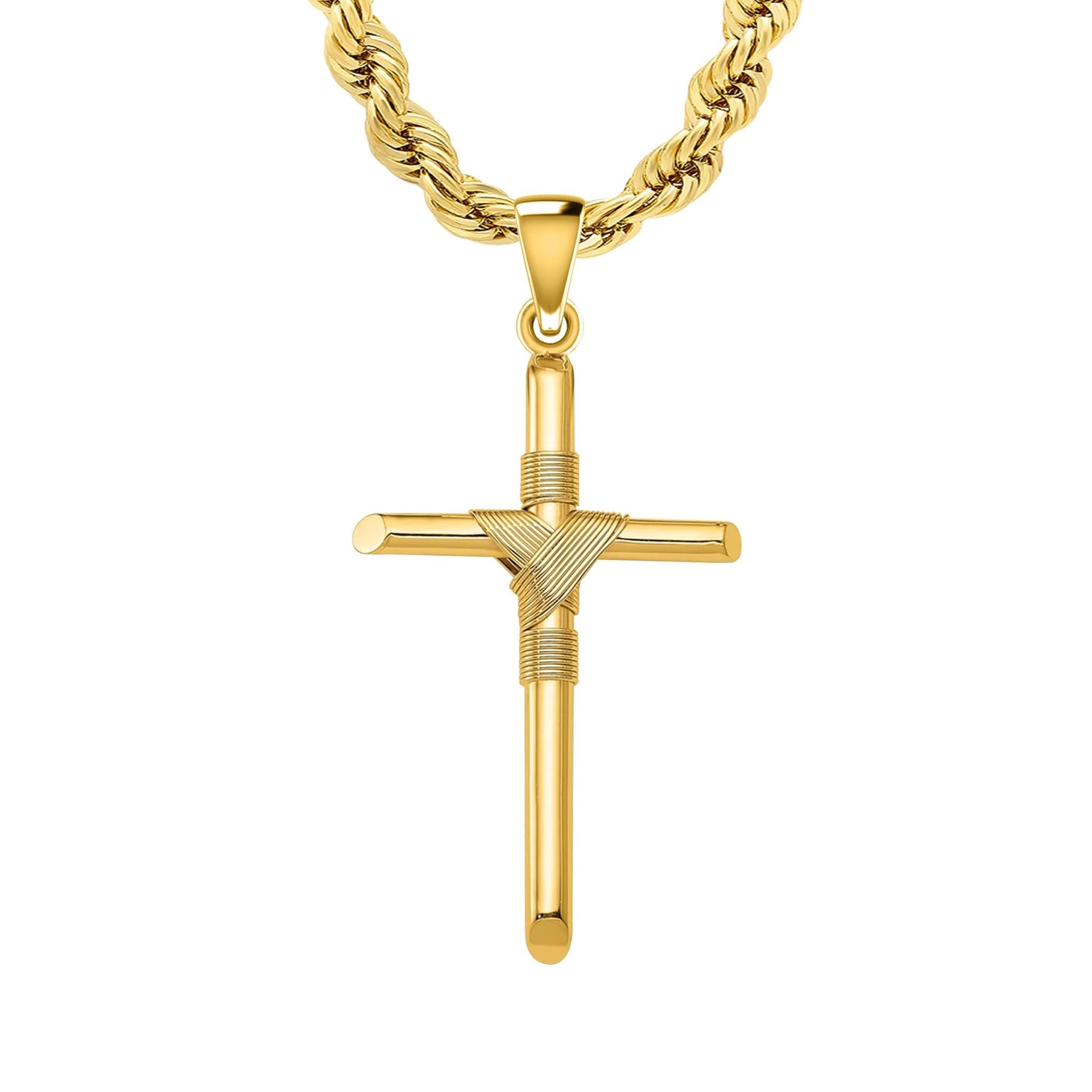 3D Round 1.5in 14k Yellow Gold Wire Wrapped Cross Pendant Necklace - US Jewels