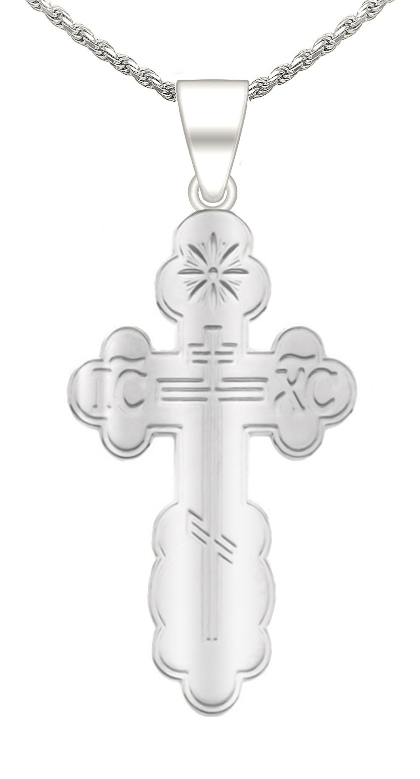 Solid 14k White Gold Orthodox Cross Pendant Necklace