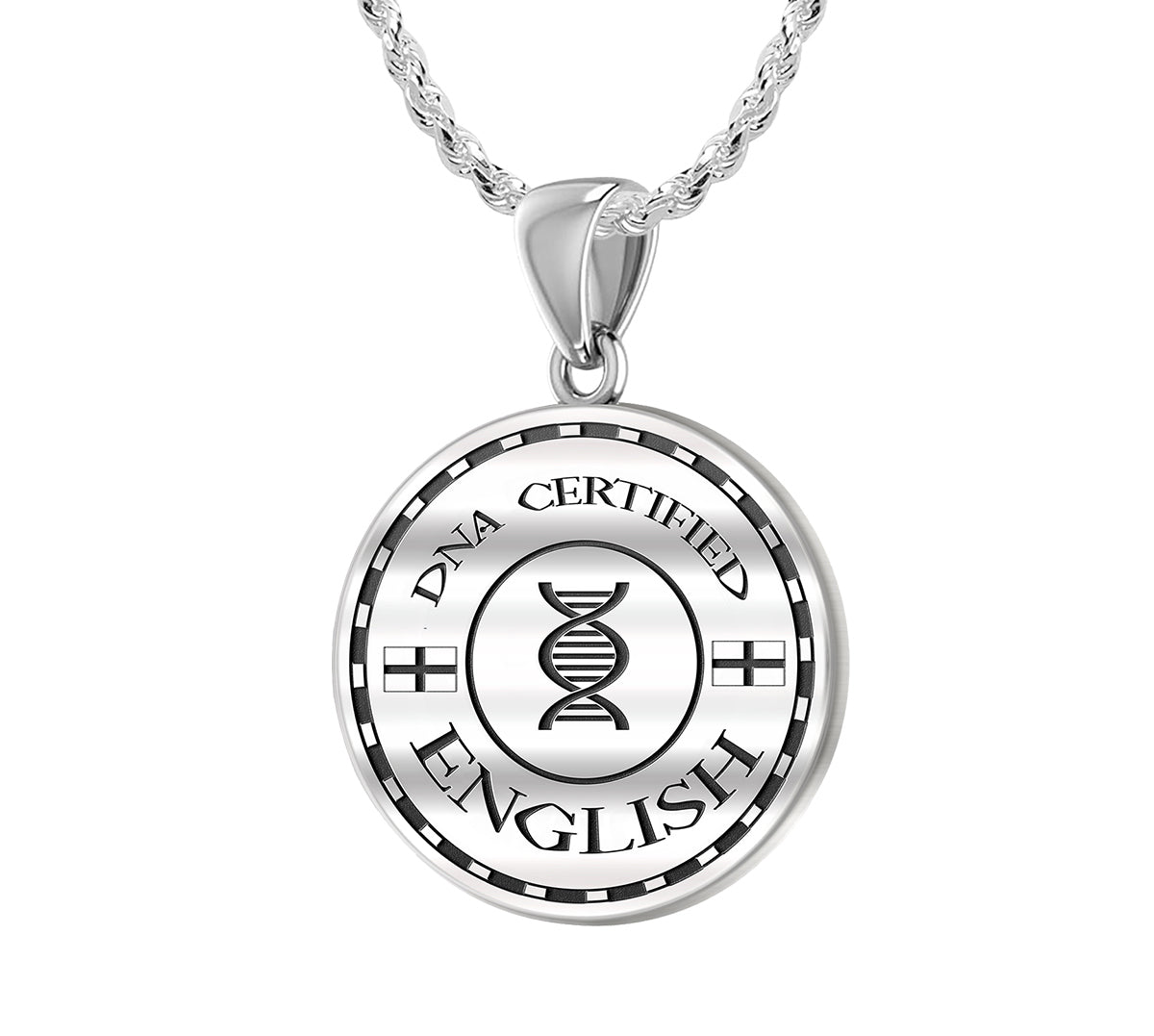 925 Sterling Silver 1in DNA Certified English Heritage Pendant Medal with Flag Necklace - US Jewels