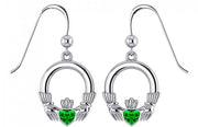 925 Sterling Silver Irish Celtic Claddagh Dangle Earrings with Simulated Emeralds - US Jewels
